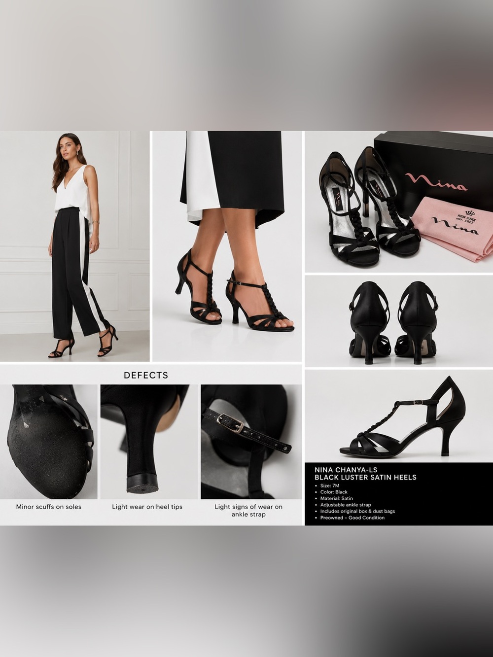 Nina Chanya-LS Black Satin Strappy Heels Size 7M Evening Wedding Party Shoes